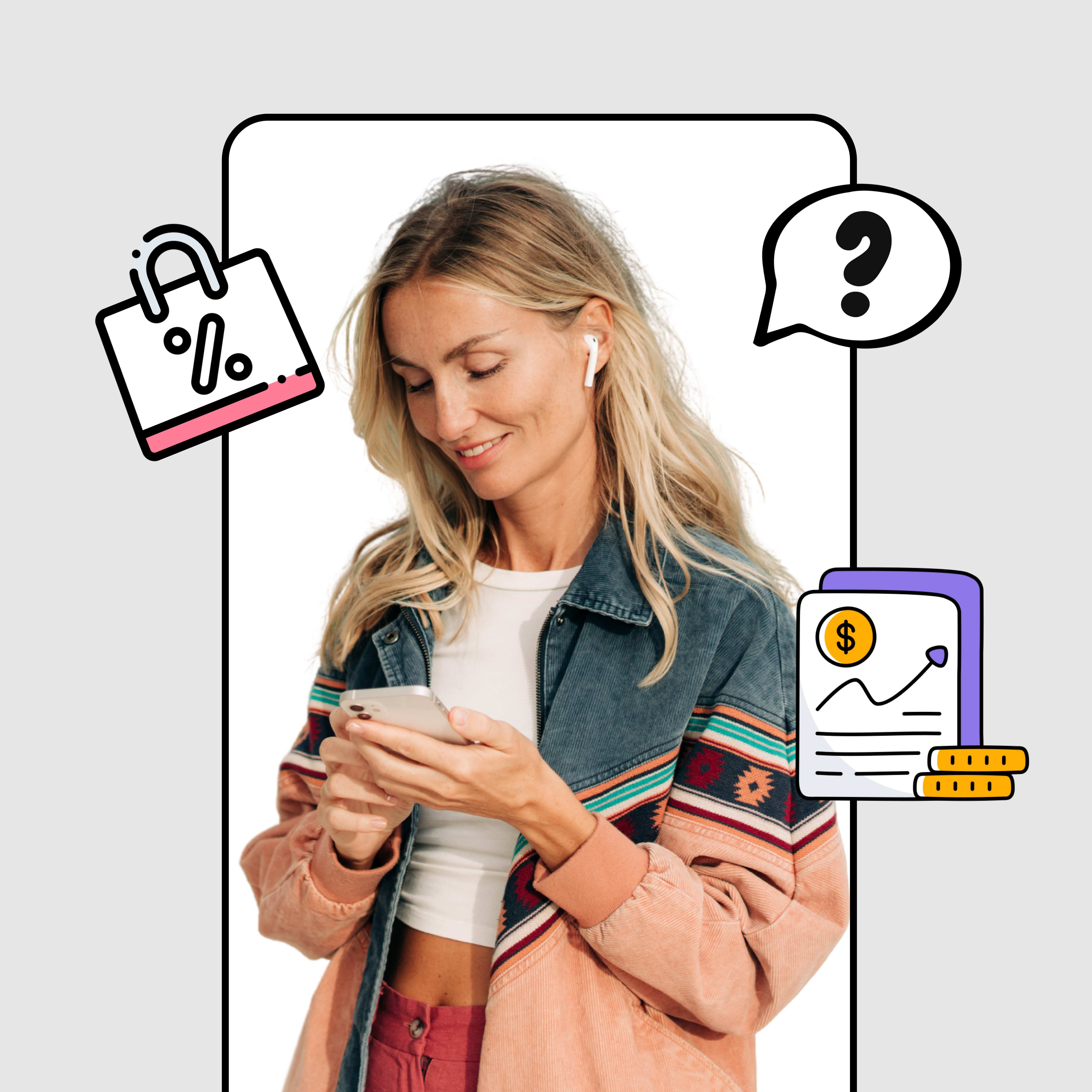 Woman using phone with shopping agent icons